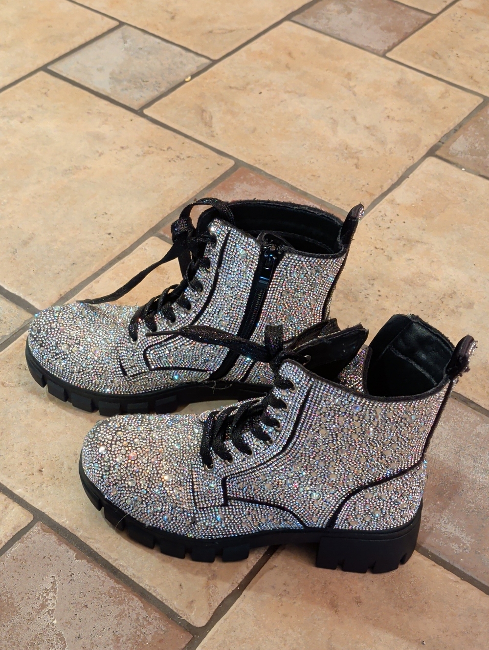 Hey Girl Corky’s Mood Rhinestone Combat Boots Size 7 Silver Glitter Sparkle